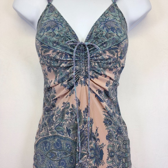 Plenty Dress Womens 4 Blue Pink Silk Chiffon Floral Paisley Ruched Timeless Midi - Picture 13 of 16